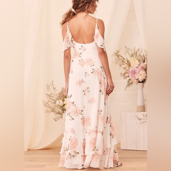 Lulu’s Take You There Ivory Peach Roses Chiffon Ruffle Cold Shoulder Floral Maxi - Picture 8 of 12